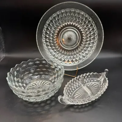 Vintage Fostoria American Cut Glass Large Bowl, Medium Bowl, Relish Dish
