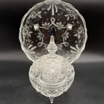 Crystal Rose Round Covered Footed Candy Dish and Floral Platter 