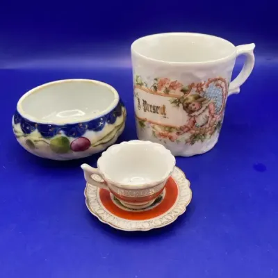 Miniature China Teacup And Saucer( Occupied Japan), Coffee Cup (Germany), And Trinket Bowl