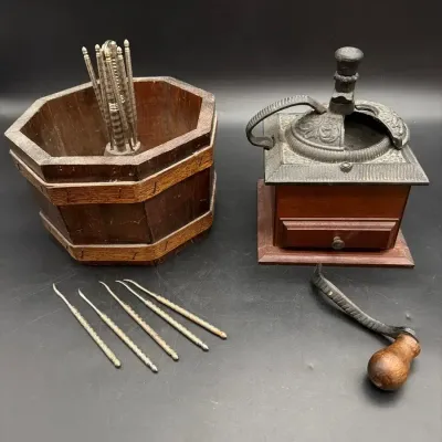 Vintage Wooden Nut Bowl W/ Nutcracker & Picks, Wooden & Cast Iron Coffee Grinder