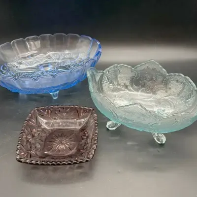 MCM Indiana Glass Blue Footed Bowl, Hazel Atlas Amethyst Candy Dish, Jeanette Ice Blue Bowl