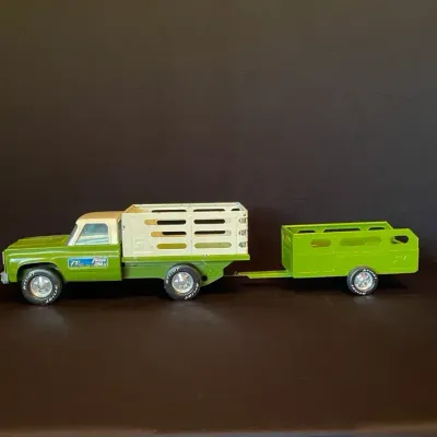 Vintage 1970s Nylint Farms Truck With Trailer, Green Metal