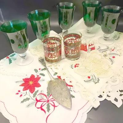 Christmas Silverplated Server, 2 Seasons Greetings Glasses, 5 Green Goblets, 2Square 33” Tablecloths