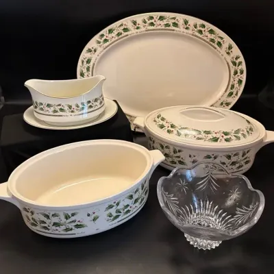 Royal Limited Holly Holiday Serving Pieces and Crystal Christmas Tree Dish