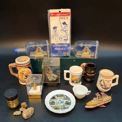 Vintage Travel Souvenirs Steins, bottle, boat
