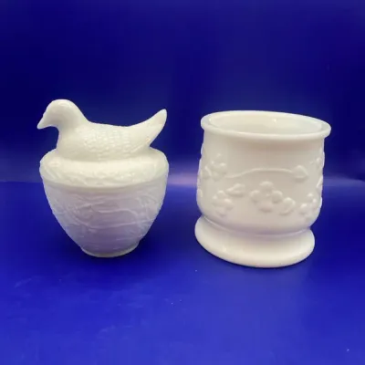 Vintage Avon Milk Glass Trinket With Bird On Nest Motif And Vintage Milk Glass Planter