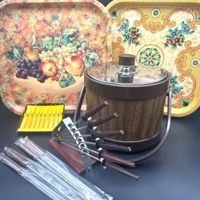 Vintage Metal Serving Trays, Wood Grain Plastic Ice Bucket,6 Piece Gourmet International Fondue Set