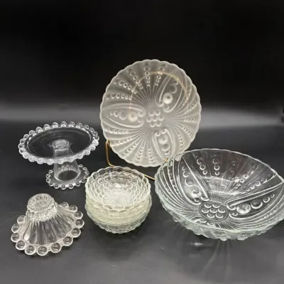 Vintage Anchor Hocking 1960s Oyster Pearl Bowl, Burple Berry Clear Bowl, Fire King Bubble Bowls 