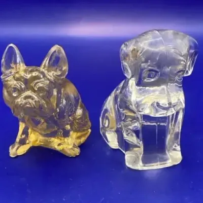 Light Amber French Bulldog Figurine & Clear Pressed Glass Dog Figurine