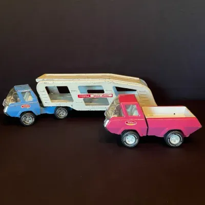 Vintage 1970s Tonka Motor Mover Semi Truck Car Hauler & Vtg Tonka Pink Pick Up Truck