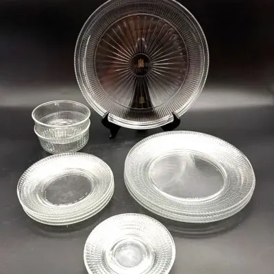 Pressed Clear Glass Platter, 4 Plates, 4 Salad Plates, 4 Saucers, 2 Bowls 