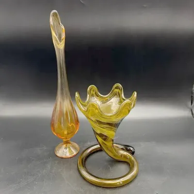 MCM  Epic Viking Glass Golden Amber Vase & Murano Style Yellow/amber/brown Swirl Art Vase