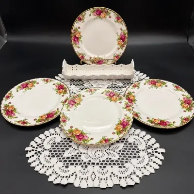 Royal Doulton Old Country Roses Salad Plates(4), Two Rose Doilies, White Ceramic Cracker Holder