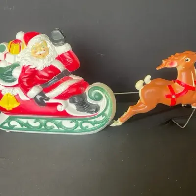 1970 Empire Plastic Corp. Lighted Blow Mold Santa Sleigh With Reindeer