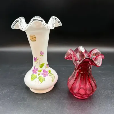 Vintage Fenton Hand painted Violets In The Snow Vase and Cranberry Glass Bud Vase