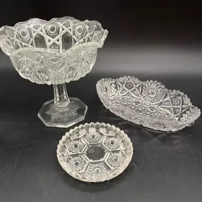 McKee Quintec Cane Glass Pedestal Compote, Imperial glass Celery Boat, Cut Glass Coaster