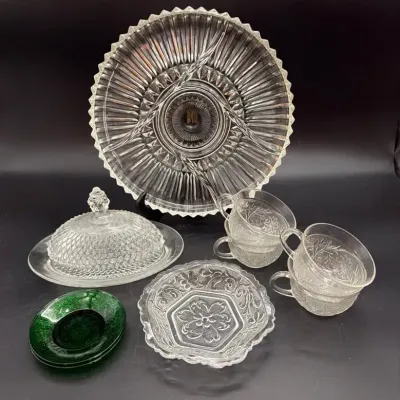 Vintage Indiana Glass:Divided Serving Tray,Diamond Pt Oval Butter Dish,4 Cups,2 Green Saucers