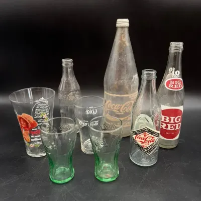 Vintage Coca Cola, Big Red Bottles, Glasses