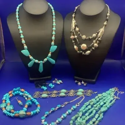 Turquoise, Black And Silver Tone Necklace And Earrings