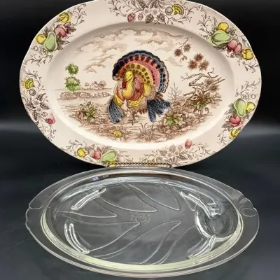 Turkey Transferware Platter, Pyrex Tree of Life Glass Meat Carving Footed Platter