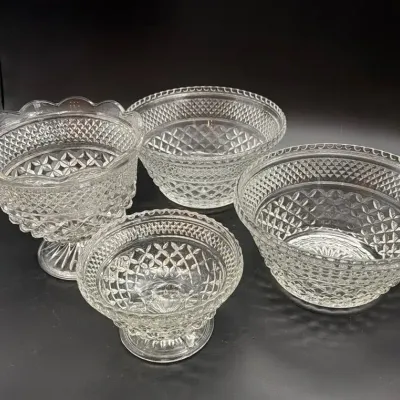Vintage Anchor Hocking Wexford Diamond Cut Glass Lg & Sm Compotes, 2 Salad Serving Bowls