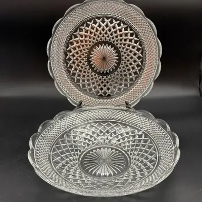 Anchor Hocking Wexford Diamond Cut Glass W/ Scalloped Edge Lg Serving Bowl & Platter Vintage