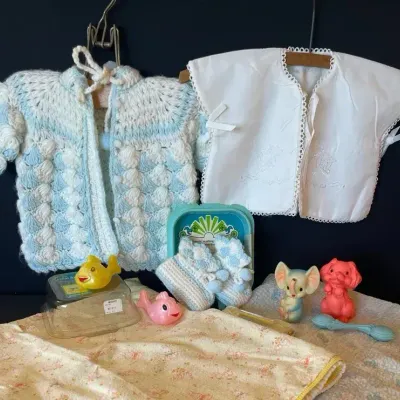 Baby Blankets, Crochet Cardigan With Booties, New Born Jacket, Rattles, Squeeze Toys VINTAGE