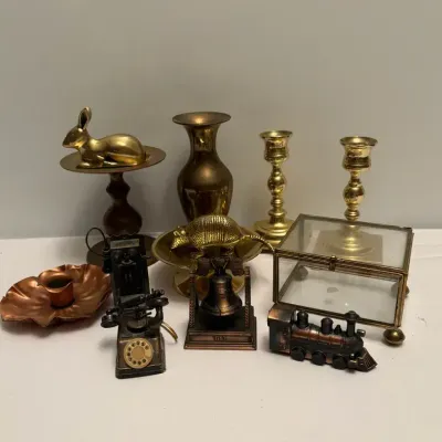 VINTAGE Brass and Copper Figurines Armadillo, Bunny, Candlesticks SEE PHOTOS for more