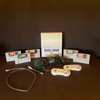 Super Nintendo Entertainment System Console, Two Controllers, Connection Cables & 5 Game Cartridges 