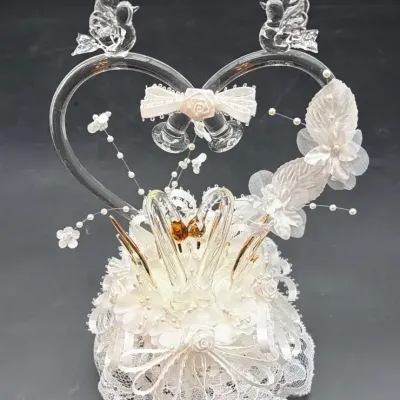 Vintage Wedding Cake Topper Glass and Silk Swan Hearts 
