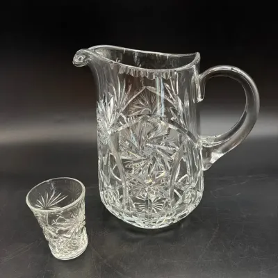 Vintage 1960s Pinwheel Design Crystal Leaded Cut Pitcher and Small Glass
