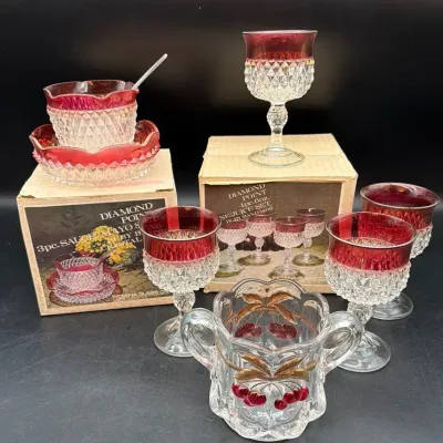 Vintage Indiana Glass Ruby Band Diamond Pt Sauce Set,4 Wine Glasses,Mosser Cherry & Cable Sugar Bowl