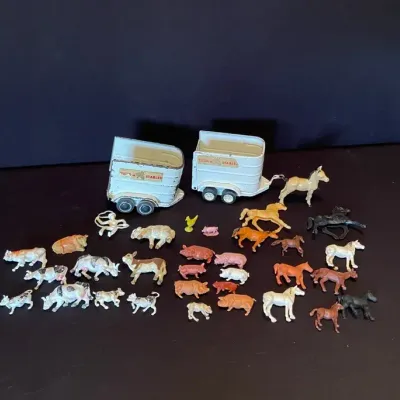 Two Vintage Tonka Stables Pressed-Steel Horse Trailers & Plastic/Rubber Toy Farm Animal Figures 