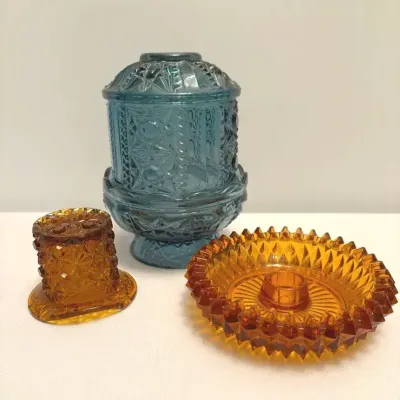 Vintage Indiana Glass Fairy Lamp, Amber Glass Candle Holder & Fenton Pressed Glass Top Hat