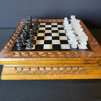 Hand Carved Wooden Marble Chess Board Set