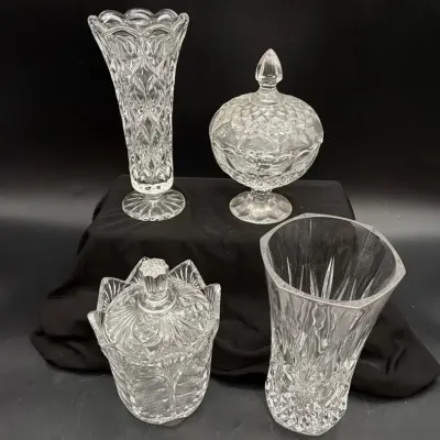Crystal Clear Portico Tulip Edge And Longchamp Diamond Pattern Covered Dishes, Two Crystal Vases 