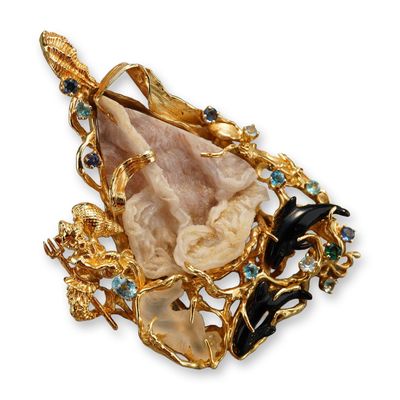 14K Yellow Gold Sandstone, Quartz, Onyx and Amethyst Pendant