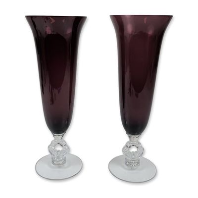 Pair of Amethyst and Clear Glass Vases