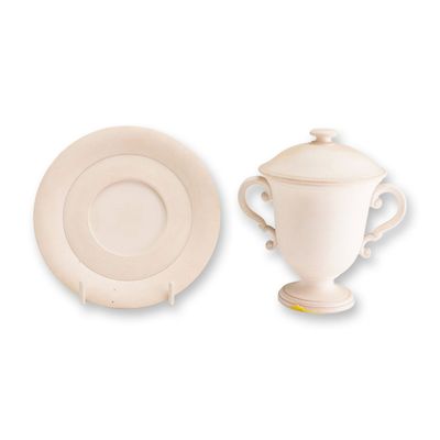 Wedgwood Biscuit Porcelain Lidded Lemonade Cup and Saucer, ca. 1820
