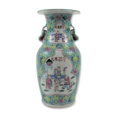 Chinese Late Qing Turquoise Ground Famille Rose Vase