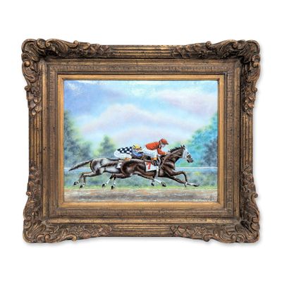 Dominic Mingolla (Italian/American 1922-1999) Signed Enamel on Copper Horse Racing Scene