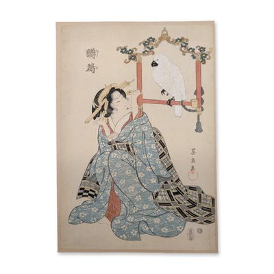 After Keisai Eisen (Japanese 1790-1848) Courtesan and Perched Parrot, Woodcut with Hand-Color on