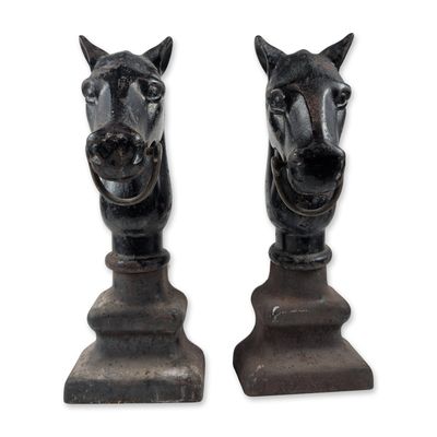 Pair of Cast Iron Horse Head Andirons
