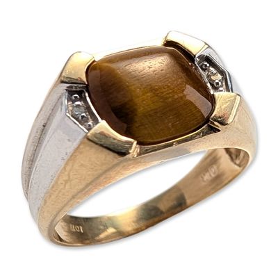 GLR 10K Two-Tone Gold Tiger Eye and Diamond Ring