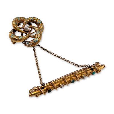 Victorian 14K Gold Enamel and Seed Pearl Brooch Set