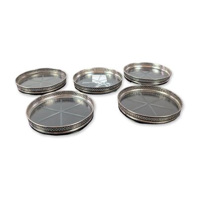 Set of Five Webster Co. Sterling Silver and Etched Glass Coasters