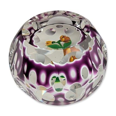 Perthshire Glass 1982 Purple Overlay Faceted Glass Paperweight