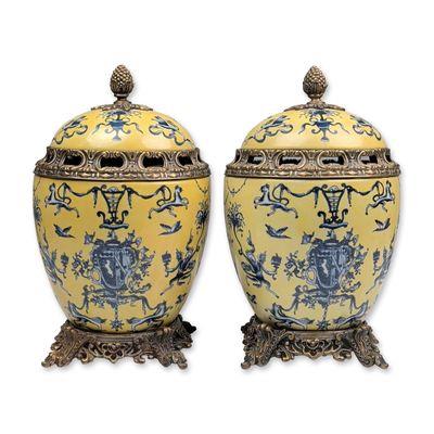 Pair of Vintage Empire Style Yellow & Blue Porcelain Lidded Potiche Urns with Pierced Bronze Mounts