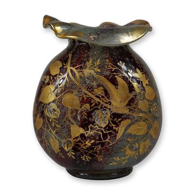 Ernest-Baptiste Leveille Enameled Art Glass Vase with Bird and Foliage