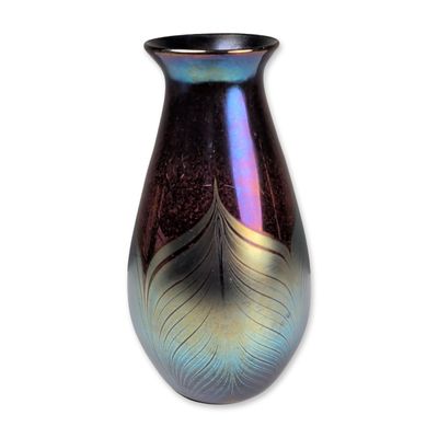 John Barber Iridescent Pulled Feather Art Glass Vase, Signed